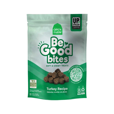 Front view of Open Farm Be Good Bites Turkey Recipe soft chewy dog treats in a green and white package.
