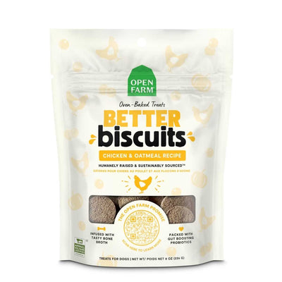 Front view of Open Farm Better Biscuits chicken and oatmeal dog treats in a white package with yellow chicken graphics.