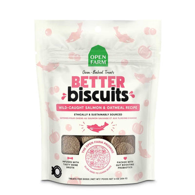 Front view of Open Farm Better Biscuits Wild-Caught Salmon & Oatmeal dog treats in an 8 oz bag.