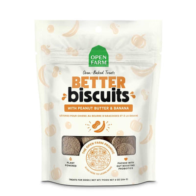 Front view of Open Farm Better Biscuits with peanut butter and banana flavor in an 8 oz bag.
