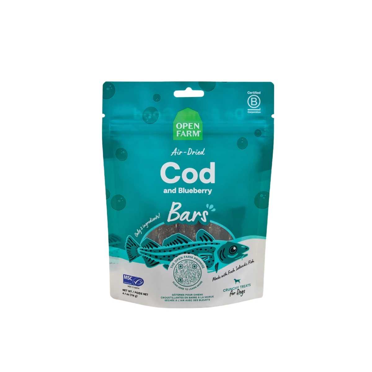 Open Farm Dog Air Dried Cod and Blueberry Crunchy Treat Bars-4.1 oz Pouch