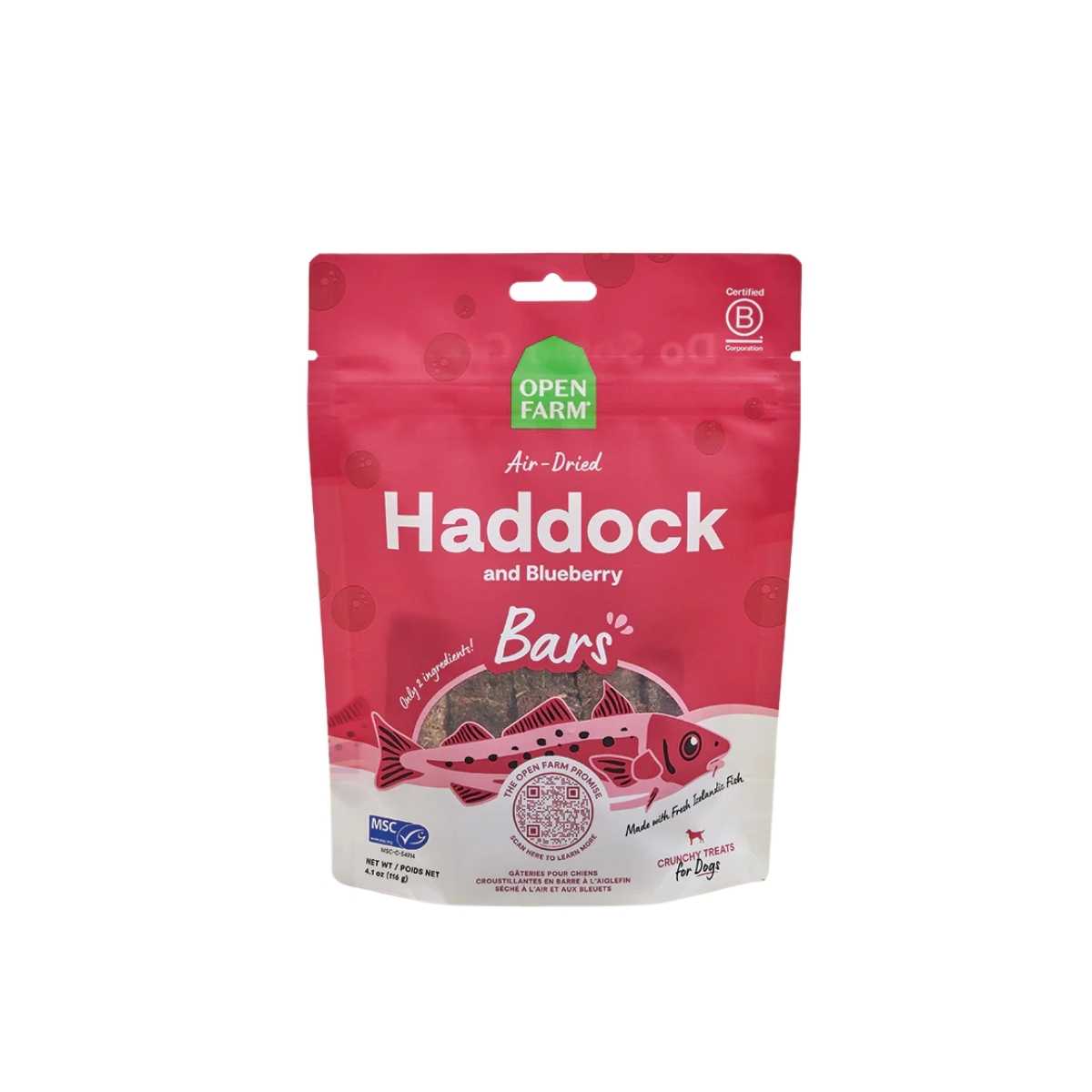 Open Farm Dog Air Dried Haddock and Blueberry Crunchy Treat Bars-4.1 oz Pouch