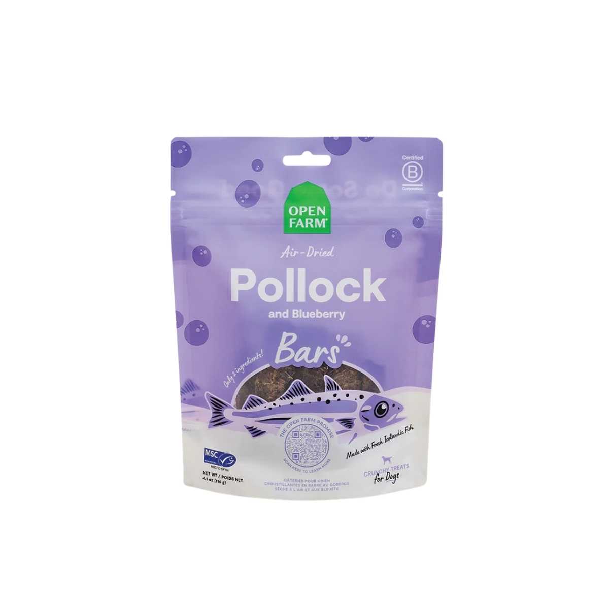 Open Farm Dog Air Dried Pollock and Blueberry Crunchy Treat Bars-4.1 oz Pouch
