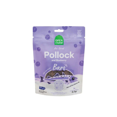 Front view of Open Farm air-dried Pollock and Blueberry Bars dog treats in a purple pouch.