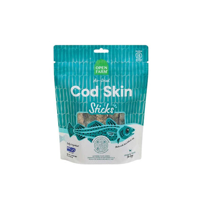 Front view of Open Farm Air-Dried Cod Skin Sticks dog treats in a teal and white pouch.