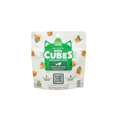 Front view of Open Farm packaged cat treats with chicken and turkey flavor, green and white packaging.