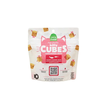 Front view of Open Farm Kitty Cubes freeze-dried raw cat treats in salmon and mackerel flavor, 1.5 oz package.