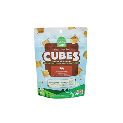 Front view of Open Farm Freeze-Dried Raw Cubes single-ingredient lamb lung treats in a blue and green pouch.
