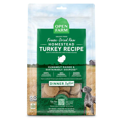 Front view of Open Farm dog food package showing freeze-dried raw turkey dinner patties in a green and brown bag.