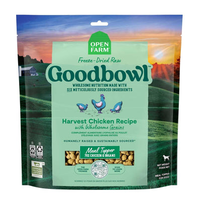 Front view of Open Farm Goodbowl Freeze-Dried Raw Meal Topper Harvest Chicken Recipe package.
