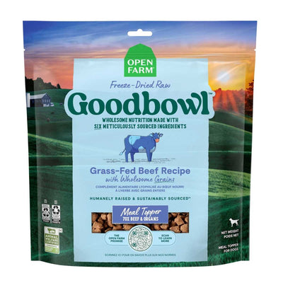 Front view of Open Farm Goodbowl freeze-dried dog meal topper package with grass-fed beef recipe.
