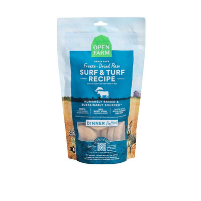 Front view of Open Farm dog food package showing freeze-dried raw surf & turf dinner patties.