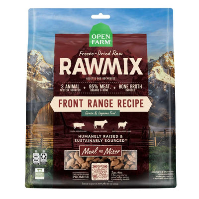 Front view of Open Farm RawMix Front Range Recipe dog food bag with freeze-dried morsels visible through a window.