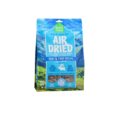 Front view of Open Farm Air Dried Surf & Turf Recipe dog food package, 16 oz, blue and green packaging.