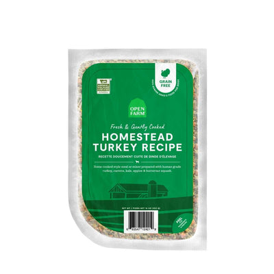 Front view of Open Farm dog food pouch labeled Homestead Turkey Recipe, green packaging, 16 oz.