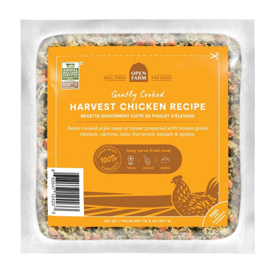 Front view of Open Farm dog food pouch with orange label showing Harvest Chicken Recipe, 8 oz size.