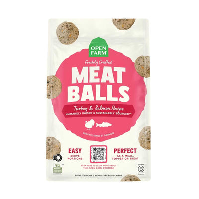 Front view of Open Farm packaged meatballs with turkey and salmon recipe.