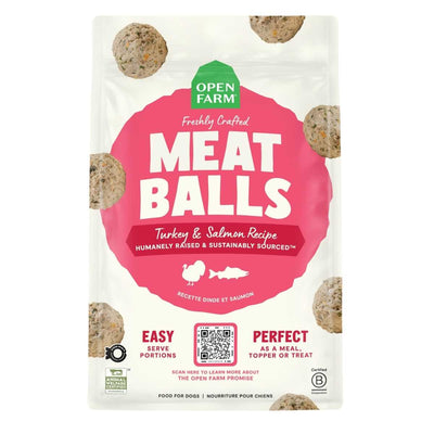 Front view of Open Farm packaged dog meatballs with turkey and salmon flavor.
