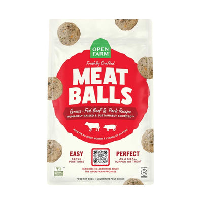 Front view of Open Farm packaged meatballs with grass-fed beef and pork recipe.