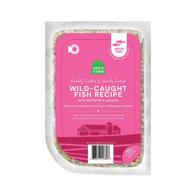 Front view of Open Farm dog food pouch with pink label showing wild-caught fish recipe.