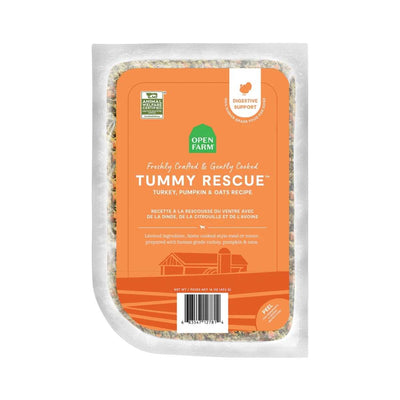 Front view of Open Farm Tummy Rescue dog food pouch with orange label and visible contents.