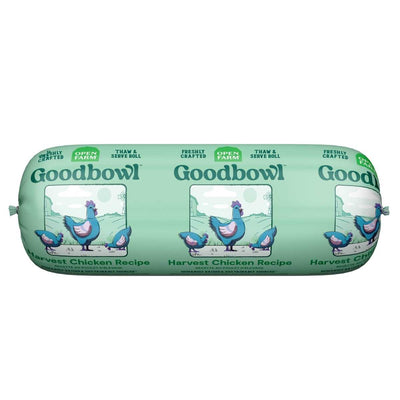 Packaged product: Open Farm Goodbowl Harvest Chicken Recipe frozen roll in light green packaging with chicken illustrations.
