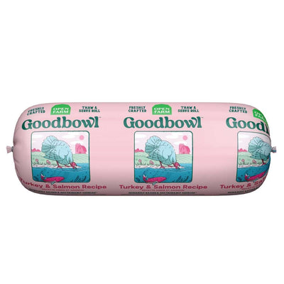 Pink packaged product showing Open Farm Goodbowl Turkey & Salmon Recipe frozen dog food with illustrated turkey and salmon.