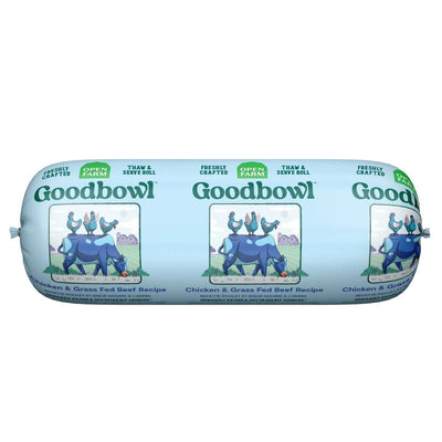 Packaged product: Open Farm Goodbowl frozen dog food, Chicken & Grass Fed Beef Recipe, light blue packaging with cow and chickens illustration.