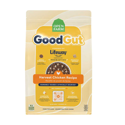 Front view of Open Farm Good Gut Harvest Chicken Recipe dog food package, 3.5 lb, yellow and orange packaging.