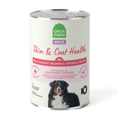 Front view of Open Farm pâté can for dogs with Skin & Coat Health Wild-caught salmon & oatmeal recipe, 12.5 oz