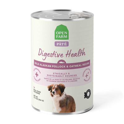 Front view of Open Farm pâté can for dogs with digestive health wild Alaskan pollock and oatmeal recipe, 12.5 oz