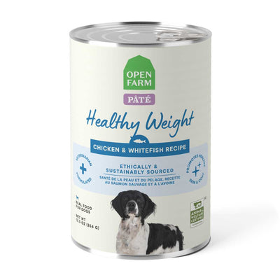 Front view of Open Farm Healthy Weight Chicken & Whitefish Recipe canned dog food, 12.5 oz, light green and white label with dog image
