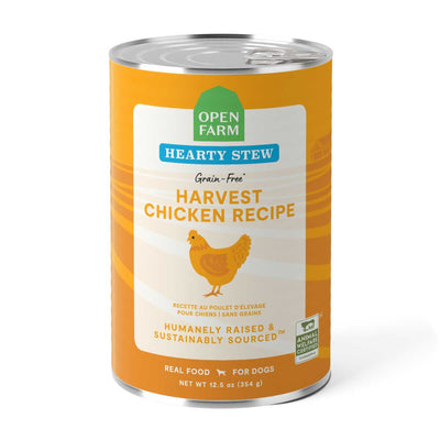 Front view of an Open Farm canned dog food package with orange and white labeling, showing 'Harvest Chicken Recipe' and '12.5 oz' size.