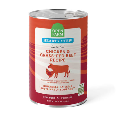 Front view of Open Farm Hearty Stew canned dog food, chicken and grass-fed beef recipe, 12.5 oz, red and white label