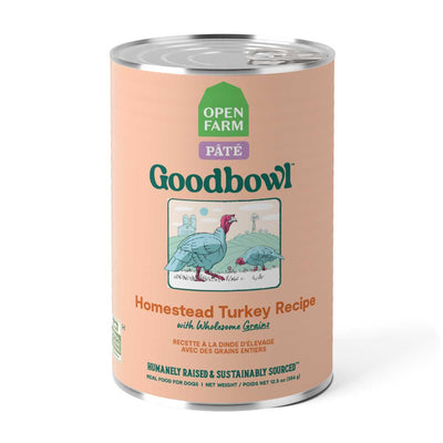 Front view of a peach-colored Open Farm Goodbowl pâté can with Homestead Turkey Recipe and 12.5 oz net weight.