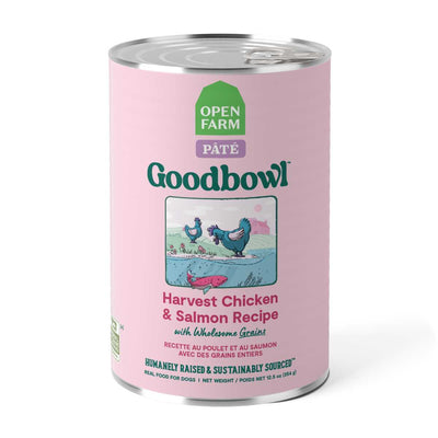 Front view of a pink Open Farm Goodbowl pâté can with Harvest Chicken & Salmon Recipe.