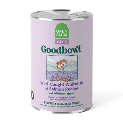 Front view of a light purple Open Farm Goodbowl pâté can with Wild-Caught Whitefish & Salmon Recipe.