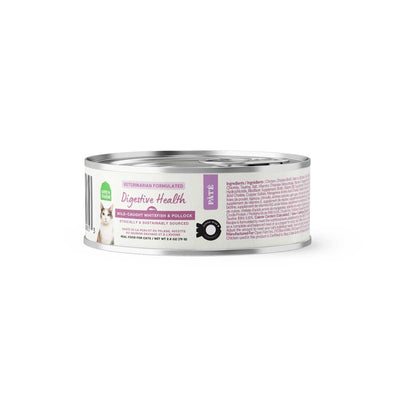 A silver can of Open Farm cat food labeled Digestive Health with wild-caught whitefish and polllock flavor, front view.