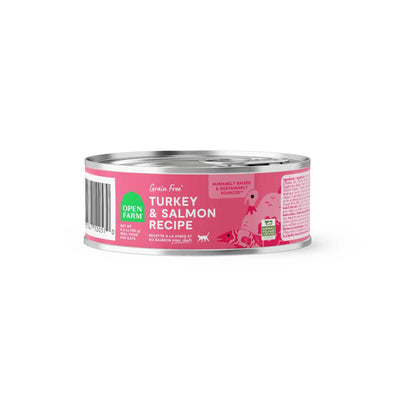 Front view of a pink Open Farm cat food can labeled Turkey & Salmon Recipe, 5.3 oz.