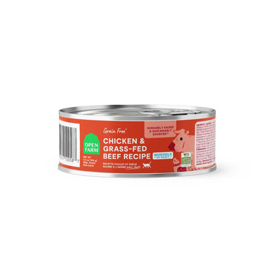 Front view of a red Open Farm cat food can labeled Chicken & Grass-Fed Beef Recipe, 5.3 oz.