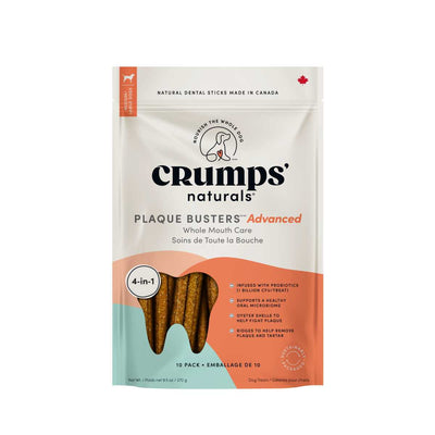 Front view of a packaged product showing Crump's Naturals Plaque Busters Advanced dog dental sticks in a 10-pack.