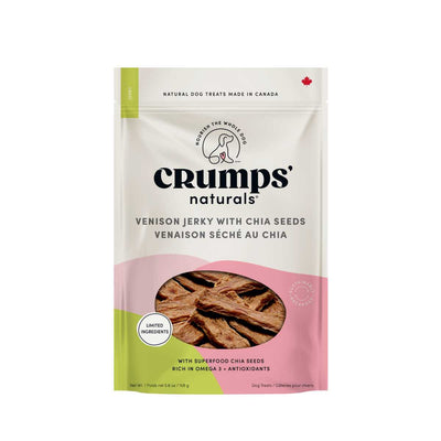Front view of a packaged product: Crump's Naturals Venison Jerky with Chia Seeds, 5.6 oz bag.