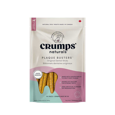Front view of a packaged product showing Crumps naturals Plaque Busters Original Dental Sticks in a 30-pack.