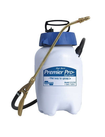 White Chapin Premier Pro+ Sprayer with blue lid, brass wand, and black nozzle, front view.