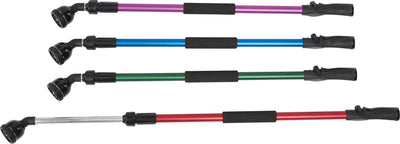 Four Dramm Rainselect telescoping rain wands in assorted colors: purple, blue, green, and red, each with black handles and nozzles, shown in a close-up.