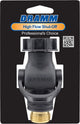 Packaged Dramm High Flow Shut-Off valve with black body, brass fitting, and QR code on black background