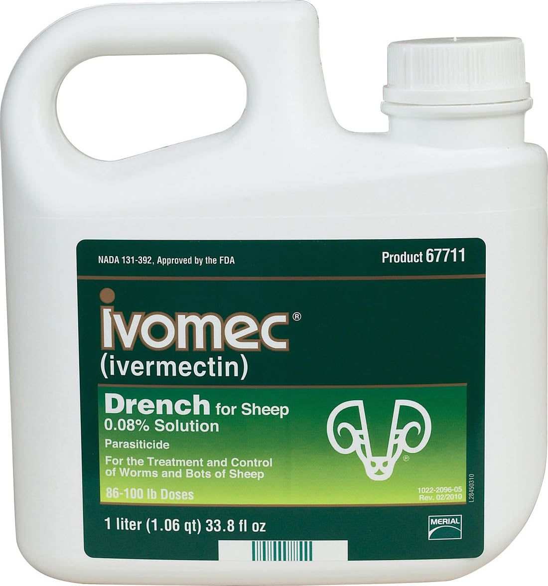 Front view of a white plastic container with a green label for Ivomec Drench for Sheep, 1 liter size.
