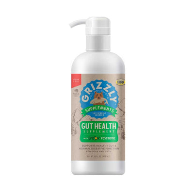 Front view of a white Grizzly Gut Health Liquid supplement bottle with a pump top and label showing 16 oz.