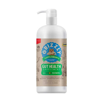 Front view of a white Grizzly Gut Health Liquid supplement bottle with a pump top and brown label.