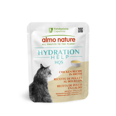 Front view of Almo Nature Hydration Help HQS chicken broth cat food pouch with a cat image and text in multiple languages.